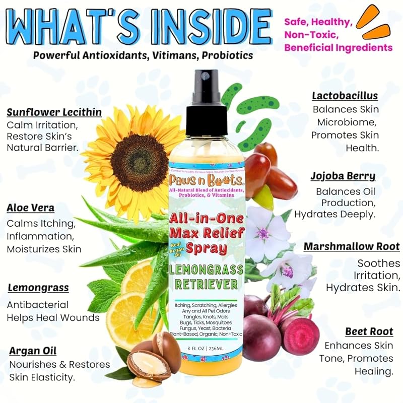 All-in-One Dry Shampoo Spray – 100% Natural, Plant-Based. Removes All Pet Odors, Tangles, & Mats. Fast Relief for Itching, Inflammation. Safe to Use on Toys, Clothes, Furniture, Pets. Tear Free. Lemongrass