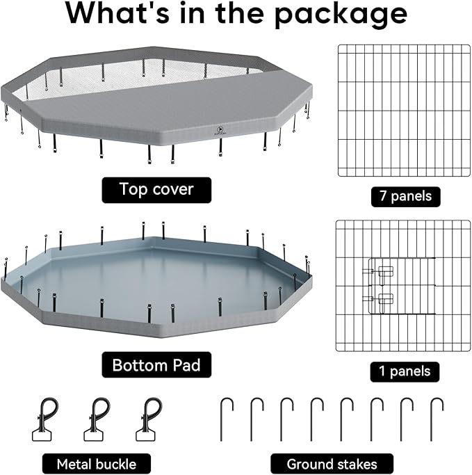 PJYuCien Puppy Playpen,8 Panels 24”H Dog Playpen with Gery Bottom Pad and Grey Top Cover,Metal Foldable Dog Exercise Pen for Indoor,Better for Small Pets
