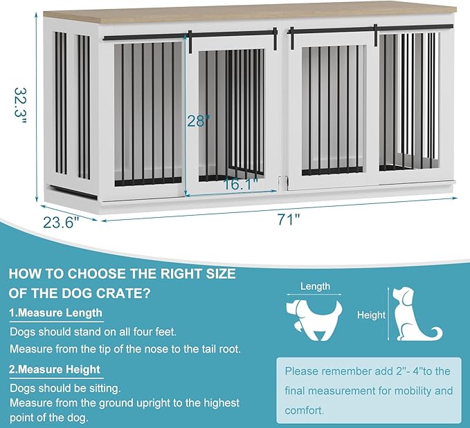 71'' Dog Crate Furniture for 2 Dogs, Wooden Double Dog Crate Large Breed with Cushion, XXL Indoor Dog Kennel Tv Stand End Table with Divider for Large Medium Dogs