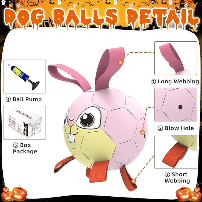 QDAN Rabbit Dog Toys Soccer Ball with Straps, Easter Day Dog Toys for Medium Small Dogs, Interactive Dog Balls for Tug of War, Herding Dog Ball Toys Outdoor Indoor (6 Inch)