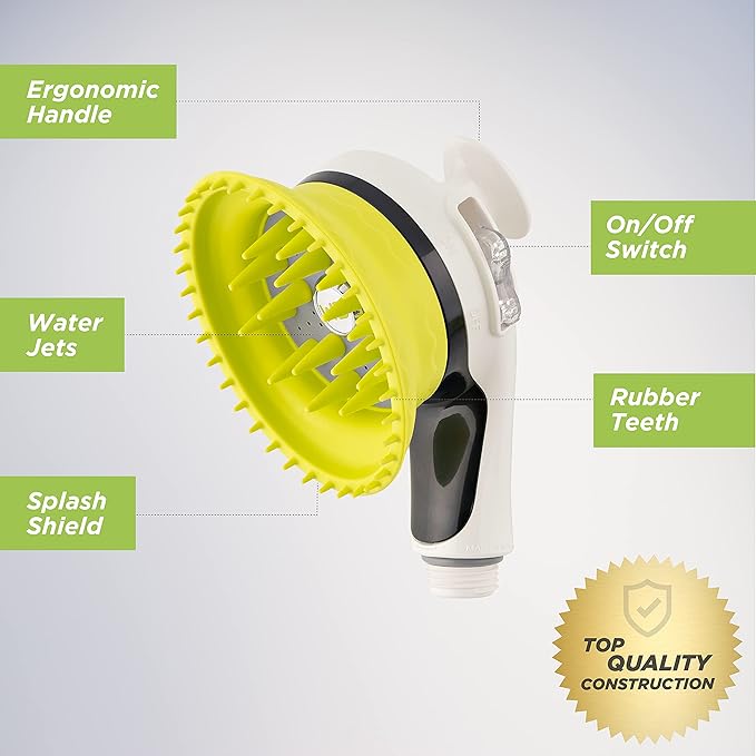 WD Handheld Shower Brush with On/Off Switch | Shield Water While Brushing and Washing Simultaneously | Dog Washing Shower Attachment