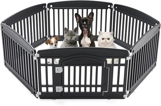 Plastic Dog Playpen | 6-Panel 24" Safe & Secure Indoor/Outdoor Pet Fence | Folding & Portable | 35 x 35 x 24IN, Ideal for Small to Medium Dogs | Easy to Clean (Black)