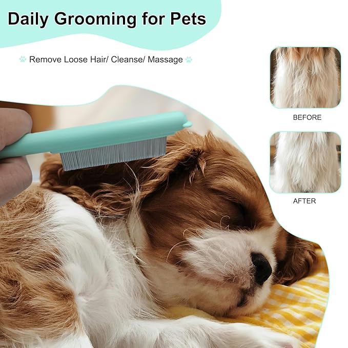 Cute Plastic Dog Comb with Stainless Steel Bristles and Furry Ears Design - Pet Grooming Tool for Removing Dirt and Tangles (Green)