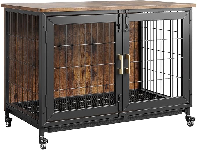 37.4 Inch Large Dog Crate Furniture, Heavy Duty Dog Kennel Furniture with Wheels, Grid Base, Removable Base, Decorative Dog Cage Crate Table, Indoor Dog House for Entryway, Living Room