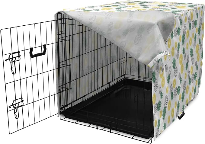Lunarable Pineapple Dog Crate Cover, Doodle Style Whole and Sliced Pieces, Easy to Use Pet Kennel Cover for Medium Large Dogs, 36 Inch, White Yellow Jade Green