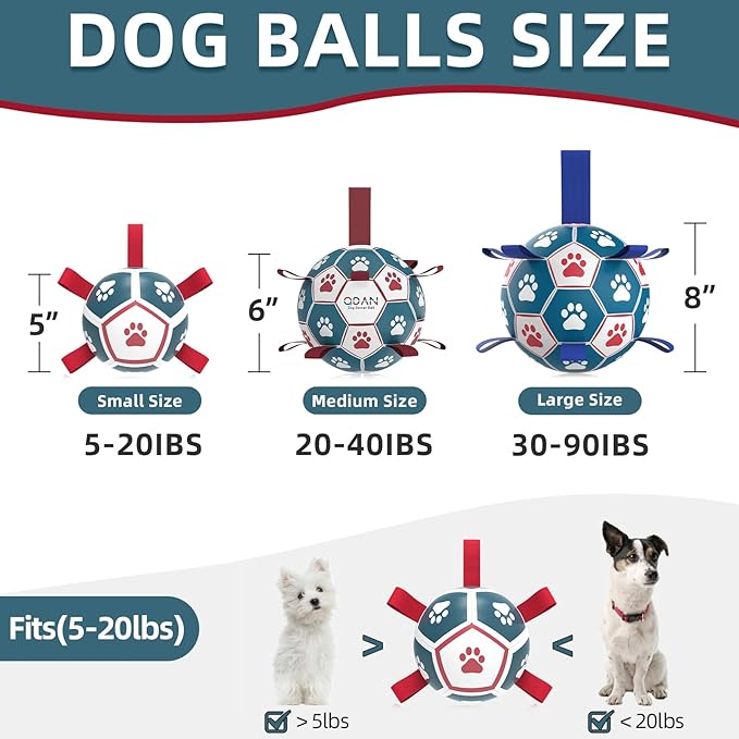 QDAN Dog Toys Soccer Ball with Straps, Outdoor Interactive Dog Toys for Tug of War, Puppy Birthday Gifts, Dog Tug Toy, Dog Water Toy, Durable Dog Balls for Small Dogs - Blue&Red(5 Inch)