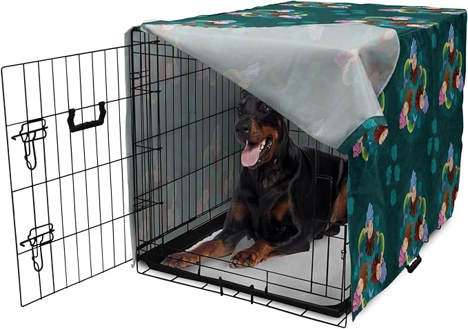 Lunarable Mermaid Dog Crate Cover, Smiling Happy Cheerful Mermaids with Seashells Scallops Exotic Waters Spirals, Easy to Use Pet Kennel Cover for Medium Large Dogs, 42 Inch, Teal Multicolor