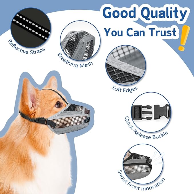 Dog Muzzle for Large Medium Small Dogs, Soft Mesh Muzzle for Dogs with Reflective Adjustable Strap, Prevent Biting Chewing and Licking, Dog Nose Open Design for Reduction Friction (Grey, M)