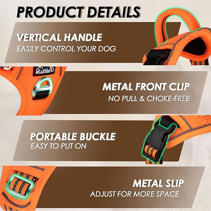 Lukovee No Pull Dog Harness, No Choke Adjustable Dog Harness with 2 Leash Clips and Easy Control Vertical Handle, Soft Padded Dog Vest for Medium and Large Dogs (Medium, Orange)