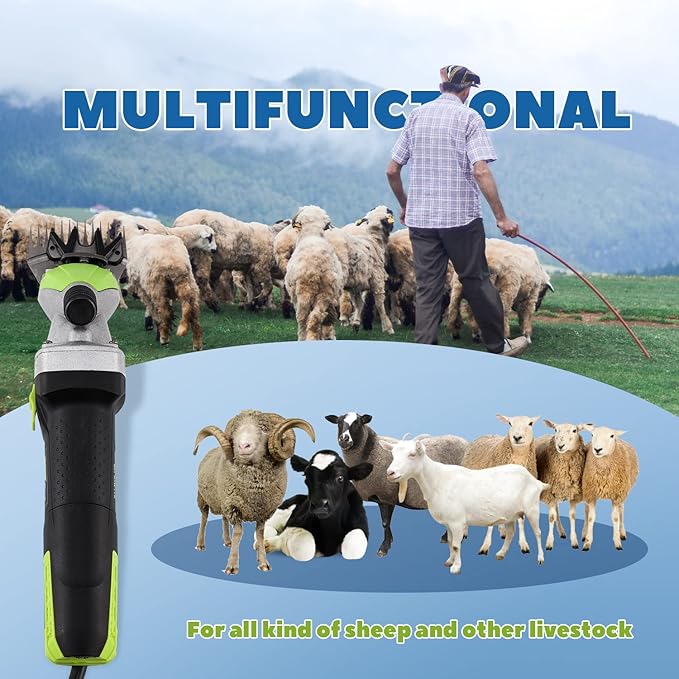 Sheep Shears Professional 850W 2400RPM Heavy Duty with 4 Blades (13-Teeth Straight/13-Teeth Curved/9-Teeth Straight/9-Teeth Curved) 6 Speed Adjustable for Thick Coat Animal (Size: 13.8*3.6")