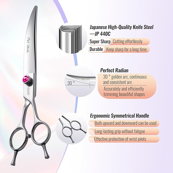 Curved Dog Grooming Scissors 7.5 inch Professional Curved Shears Dog Grooming for Poodle Large Dog Pet 30 Degree Japanese 440C Right Handed Super Sharp Purple Diamond(7.5,Curved)