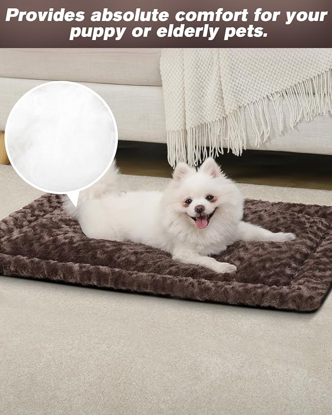 Washable Dog Bed Mat Reversible Dog Crate Pad Soft Fluffy Pet Kennel Beds Dog Sleeping Mattress for Large Jumbo Medium Small Dogs, 35 x 22 Inch, Brown