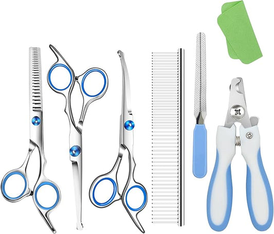 Dog Grooming scissors Kit,Includes Curved Thinning straight scissors,Comb,Grooming nail clipers,Nail Trimmer,Dog Grooming Scissors with Safety Round Tips,pet Grooming kit for Small Dogs&Puppies