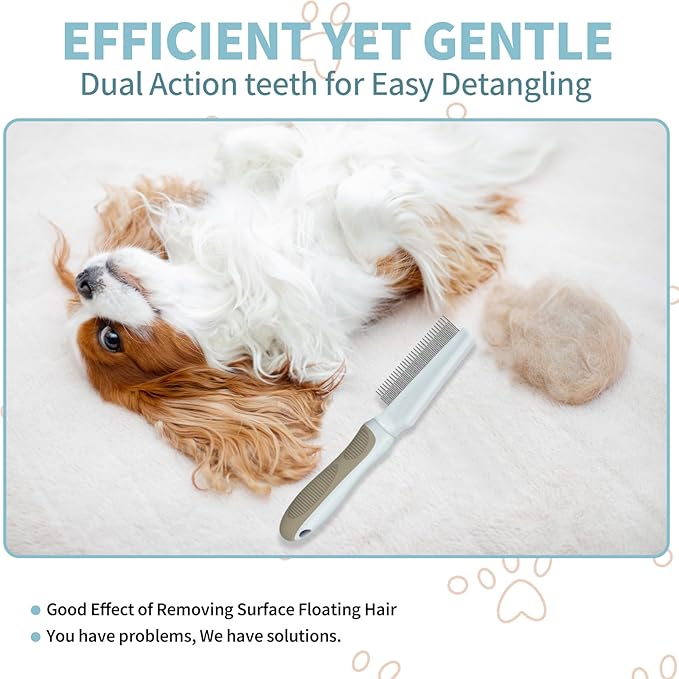 Ropo Pet Grooming Comb for Dogs and Cats, Flea Comb, Long Handled Pet Comb 2 in 1 Long and Short Stainless Steel Metal Teeth for Tangle and Knot Removal - Detangling Brush
