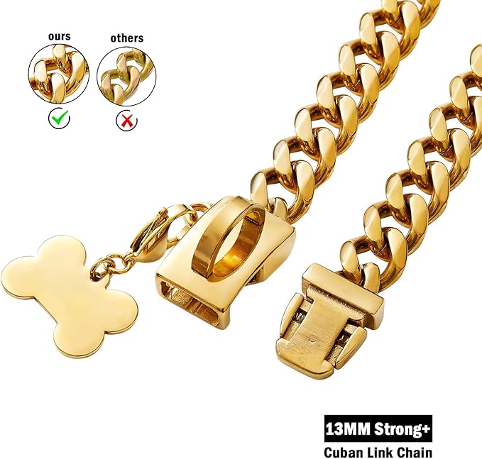 Gold Chain Dog Collar,13MM Strong Stainless Steel Cuban Link Chain Necklace Collar for Small Dogs(10'' Length)