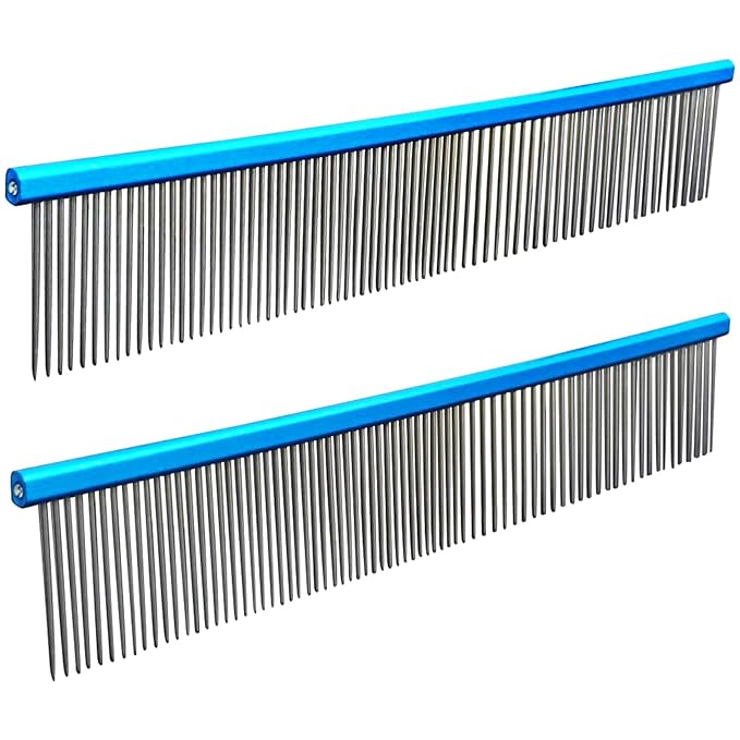 2 Pack Dog Combs with Stainless Steel Teeth Applicable to Cat Dog Comb Removing Tangles Easily Remove Dirt Grooming Anti-Slip Comfort Grip Handle (blue)