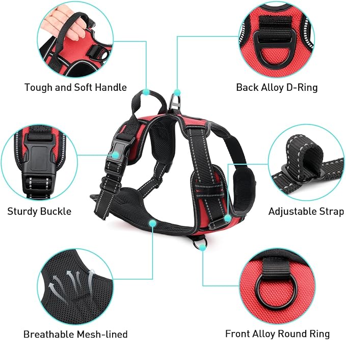 Joytale No Pull Dog Harness for Small Dogs, Reflective Pet Vest with Front Clip, Adjustable Soft Padded Harnesses with Easy Control Handle for Training and Walking, Red, S