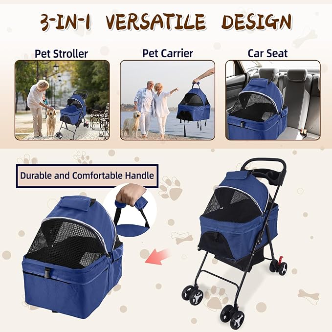 3 in 1 Dog Stroller, 4 Wheels Pet Stroller Dog Cat Stroller for Medium Small Dog Cats Up to 50lbs, Foldable Carrier Jogger Travel Puppy Stroller with Cup Holder & Breathable Mesh, Blue