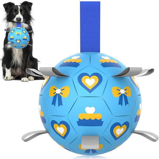 QDAN Dog Toys Soccer Ball with Straps - Durable Dog Balls for Large Dogs, Beach Pool Dog Water Toy, Dog Tug Toys for Tug of War, Puppy Dog Birthday Gifts Blue (8 Inch)