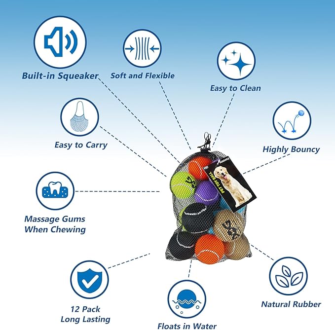 Squeaky Tennis Balls for Dogs Colorful Easy Catching Pet Toy Balls 12 Pack (2.0inch-6colors)