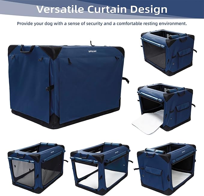 Pettycare 36 Inch Collapsible Dog Crate with Curtains Travel Dog Crate for Airflow and Calm Soft Pet Kennel with Portable Bag and More Chew Proof Mesh Indoor & Outdoor Navy Blue 4 Door Curtains
