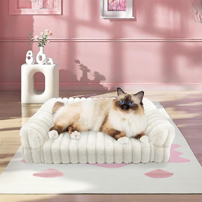 Thick Orthopedic Cat Sofa, Waterproof Supportive Foam Small Dog Sofa Bed with Washable Cover, Faux Fur Comfy Bolster Couch Pet Beds with Nonskid Bottom (Beige, 24"x18")
