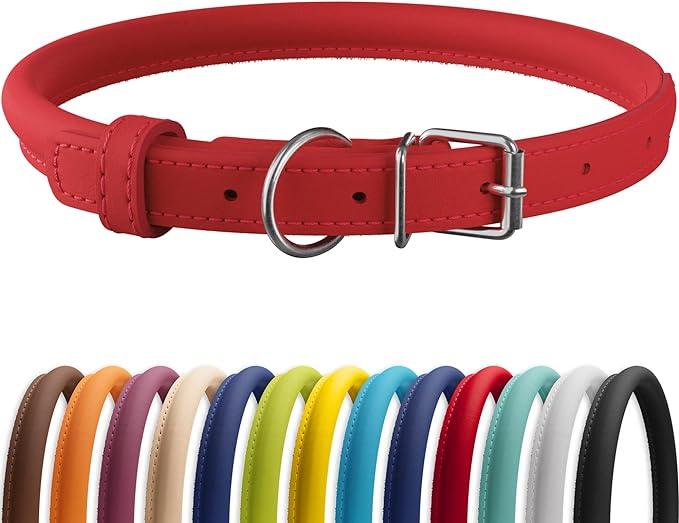 CollarDirect Rolled Leather Dog Collar, Soft Padded Round Puppy Collar, Handmade Genuine Leather Collar Dog Small Large Cat Collars 13 Colors (18-22 Inch, Red Smooth)