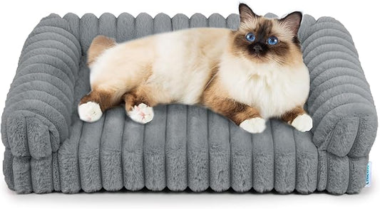 Thick Orthopedic Cat Sofa, Waterproof Supportive Foam Small Dog Sofa Bed with Washable Cover, Faux Fur Comfy Bolster Couch Pet Beds with Nonskid Bottom (Grey, 24"x18")