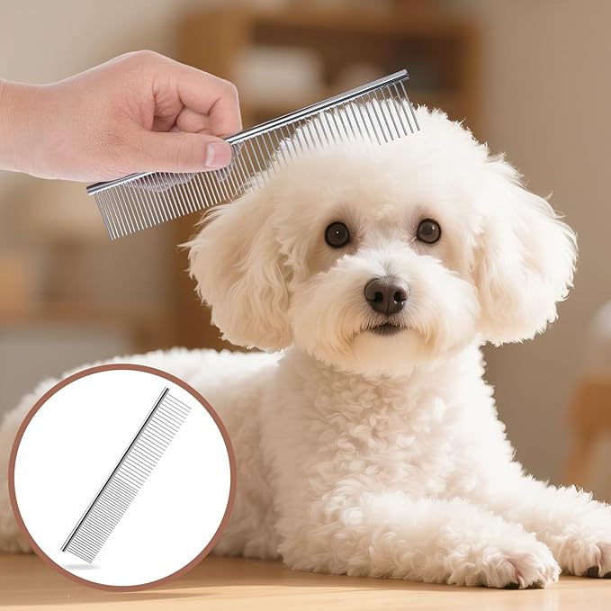 Stainless Steel Pet Grooming Comb with Rounded Ends, Metal Dog Combs for Grooming Matting Professional Dog Groomings Comb Detangler Deshedding Brush for Long Short Haired Dogs and Cats (7.4 Inches)