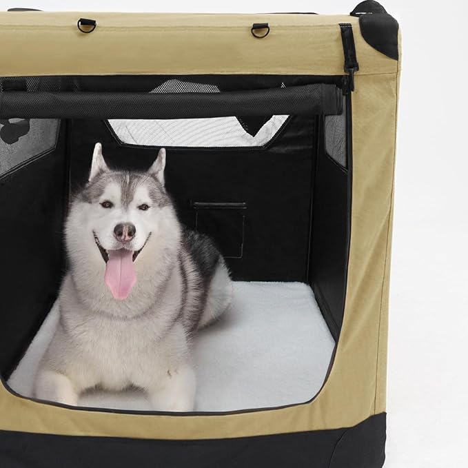 Soft Collapsible Dog Crate for Large Dogs - 42 Inch Foldable Soft Dog Kennel with Durable Mesh Windows, Indoor & Outdoor Portable Travel Dog Crate, Khaki, 42x31x31 Inches
