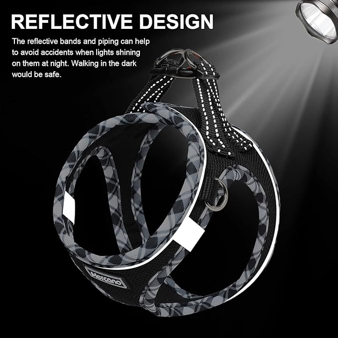 Mercano Soft Mesh Dog Harness and Leash Set, No-Chock Step-in Reflective Breathable Lightweight Easy Walk Escape Proof Vest Harnesses with Safety Buckle for Small Medium Dogs, Cats (Black White, XXS)