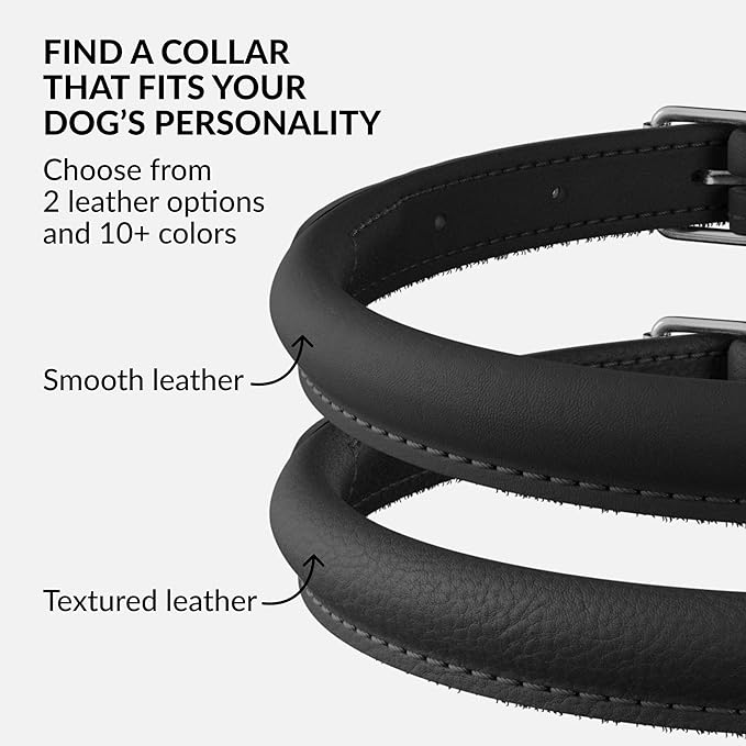 CollarDirect Rolled Leather Dog Collar, Soft Padded Round Puppy Collar, Handmade Genuine Leather Collar Dog Small Large Cat Collars 13 Colors (15-18 Inch, Black Smooth)