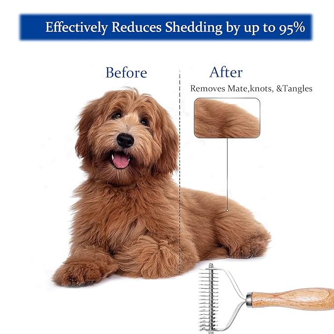 Pet Hair Brush with Wood Handle and a Small Comb for Dogs and Cats, TOMARK 2 Sided Detangler Brush Tool For Cutting Removing Mat, Knots, Tangles & Matted Hair, 17-Blade Deshedding Brush for Groomers, Pet Owners