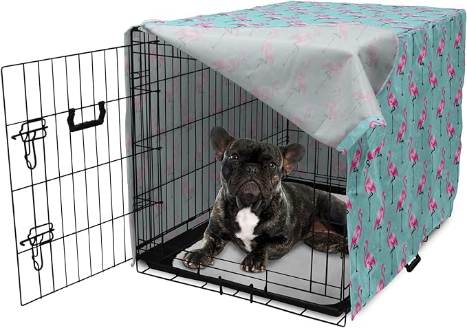 Lunarable Turquoise Dog Crate Cover, Repetitive Pink Flamingos on Wavy Water Background Vivid Colors Graphic, Easy to Use Pet Kennel Cover for Cats & Medium Dogs, 24 Inch, Pink Seafoam