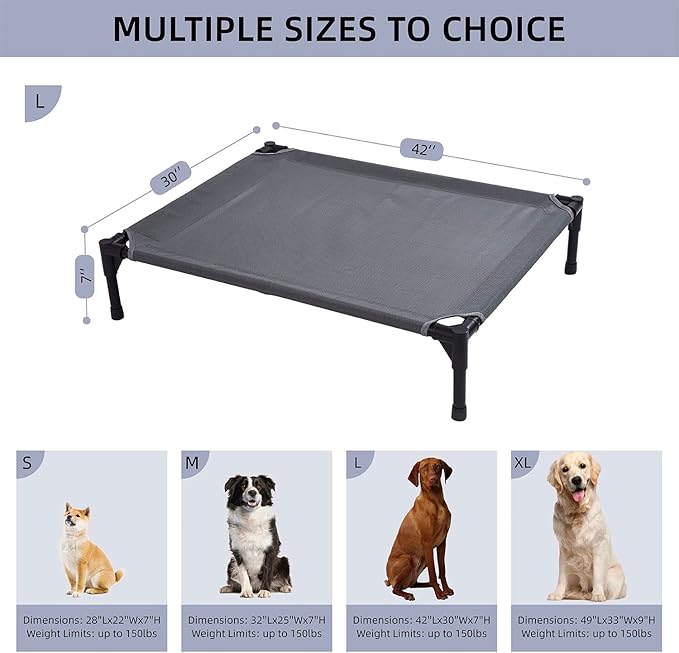 pettycare Elevated Outdoor Dog Bed - Raised Dog Bed for Large Dogs, Heavy Duty Dog Cot Bed Waterproof, Cooling Elevated Dog Bed with Washable Breathable Teslin Mesh, Durable, Non Slip, 42 Inches, Grey