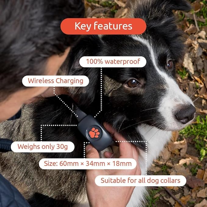 Dog GPS Tracker - No Subscription Fees - Suitable for All Dogs and Fits All Collars - Smart Activity Tracker, Satellite Tracking with Unlimited Range - 100% Waterproof Pet Tracker (Black)