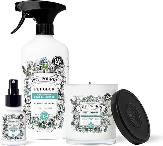 Pet-Pourri Pawsitively Fresh Pet Odor Freshener Bundle - 16 Fl Oz Air + Fabric Spray, 7.5 Oz Candle Jasmine, Fresh Air and Pear