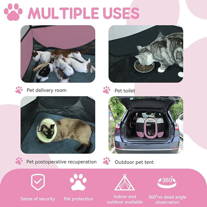 Dog Cat Playpen Indoor Outdoor for Puppy Pet Travel, Dogs Enclosure Tent Crates Cage for Recovery After Surgery, Portable Pop Up Dog Kennel with Carrying Case(Pink, Large)