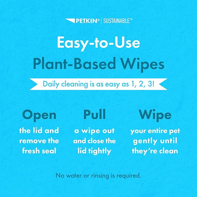 Petkin Plant-Based PetWipes, 200 Wipes - Biobased, Sustainable, Big & Thick Pet Wipes for Dogs & Cats - for Face, Paws, Ears, Body & Eye Area - Consciously Cleans & Conditions - Vanilla