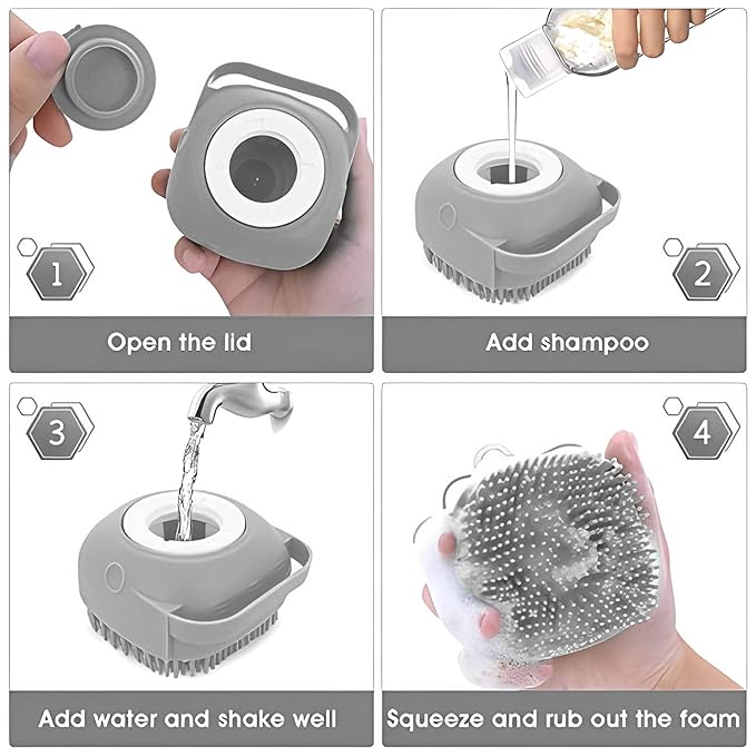 NICESHOP Dog Cat Bath Brush Comb Silicone Rubber Dog Grooming Brush Silicone Puppy Massage Brush Hair Fur Grooming Cleaning Brush Soft Shampoo Dispenser (GRAY)