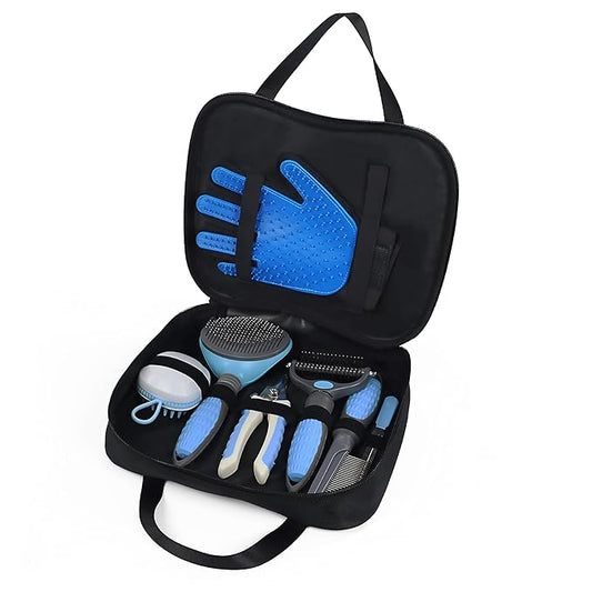 Wisedog Pet Grooming Tool Kit - Nail Clipper Set, Dematting & Grooming Combs, Bath Brush, Hair Removal Mitts (Upgraded Blue)