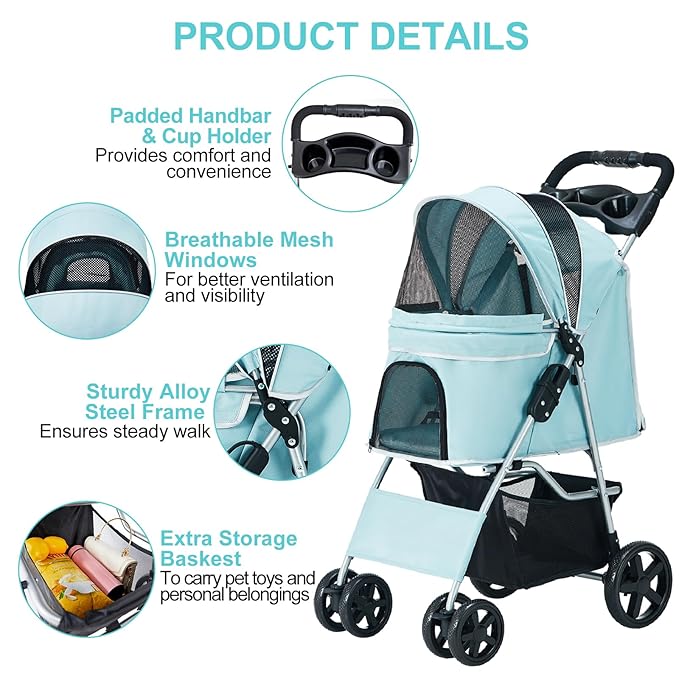 Pet Stroller for Medium Small Dogs and Cats, Folding Puppy Stroller Dog Cat Cage Jogger Stroller with Cup Holder and Storage Basket, 4 Wheels, Light Blue