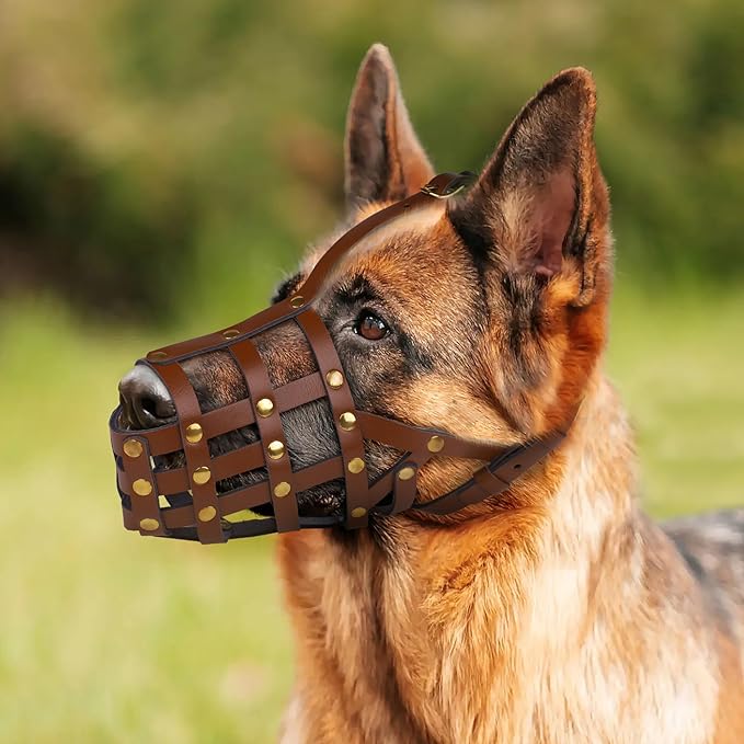OOPSDOGGY German Shepherd Dog Muzzle for Large Dogs - Leather Breathable Secure Basket Muzzle for Large Breeds Prevents Biting No Chewing Adjustable (Brown, Size 7 - German Shepherd)