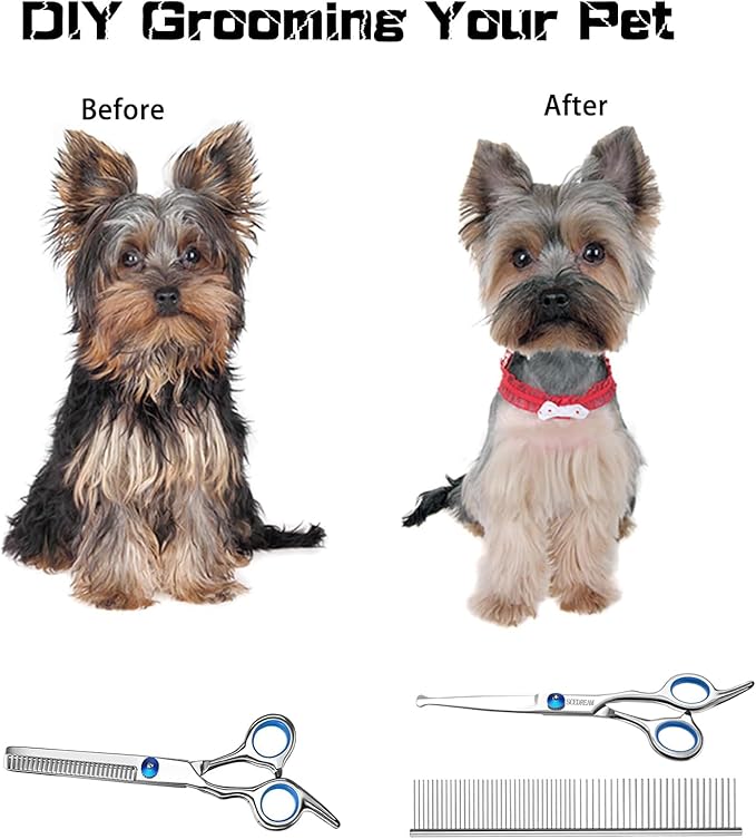 3 in 1 Dog Grooming Scissors Kit with Safety Round Tips Dog Scissors for Grooming 4CR Stainless Steel Grooming Scissors for Dogs and Cats, Professional Pet Grooming Shears, 3 in 1 Blue