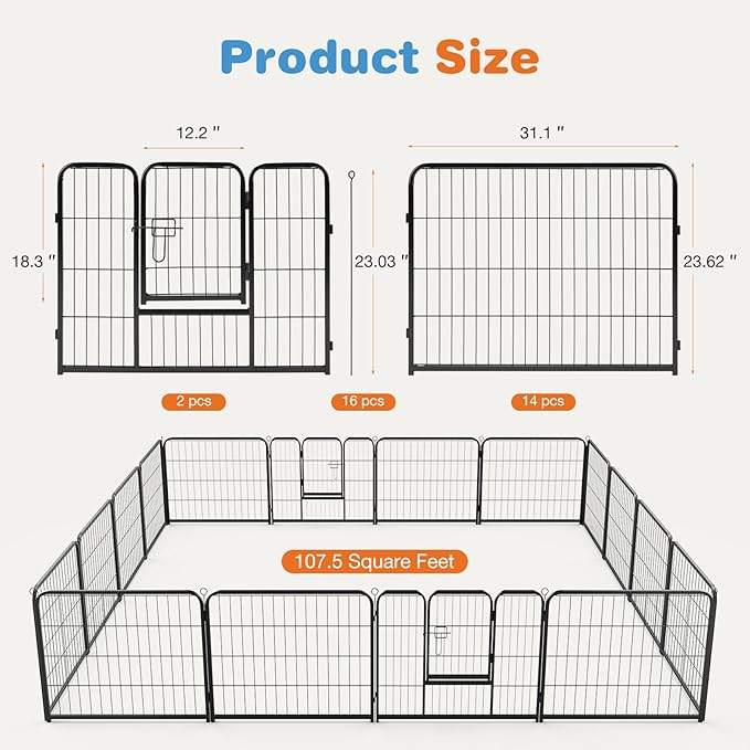 Sweetcrispy Dog Playpen Indoor - Pet Fence Exercise Pen for Yard Gate 16 Panels Foldable Puppy Playpens with Doors Metal Dog Pen for Camping, RV, Outdoor, Small/Medium Pets, 24” Height