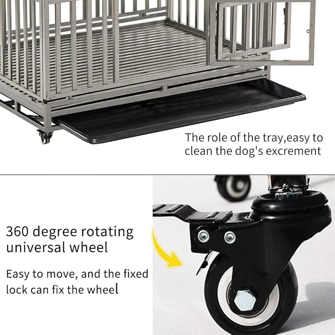 KELIXU 38” Heavy Duty Dog Crate Large Dog Cage Metal Dog Kennels and Crates for Large Dogs Indoor Outdoor with Locks, Lockable Wheels and Removable Tray, Easy to Install, Black