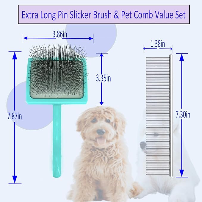 Extra Long 31mm Pin Dog Grooming Brush & Pet Comb Value Kit, Dog Brushes for Medium & Long Haired Dogs - Goldendoodle, Labradoodle, Poodles Hair Brush