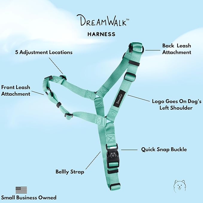 ShawnCo Dream Walk No-Pull Dog Harness- Adjustable, Comfortable, Easy to Use Pet Halter to Help Stop Pulling for Small, Medium and Large Dogs (Seafoam, M)