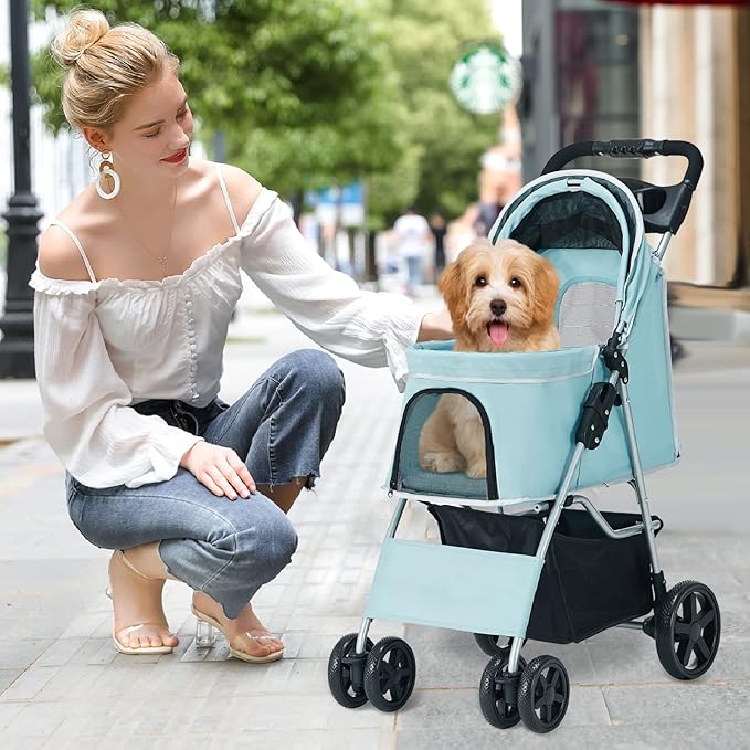 Pet Stroller for Medium Small Dogs and Cats, Folding Puppy Stroller Dog Cat Cage Jogger Stroller with Cup Holder and Storage Basket, 4 Wheels, Light Blue