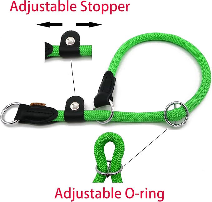 Braided Rope Collar, Training Dog Collar, Round Martingale Collar, Slip Collar with Adjustable Stopper and Slidable Stop Ring - Ideal for Extra Large Dogs (XL(1/2") - 24" Long, Light Green)
